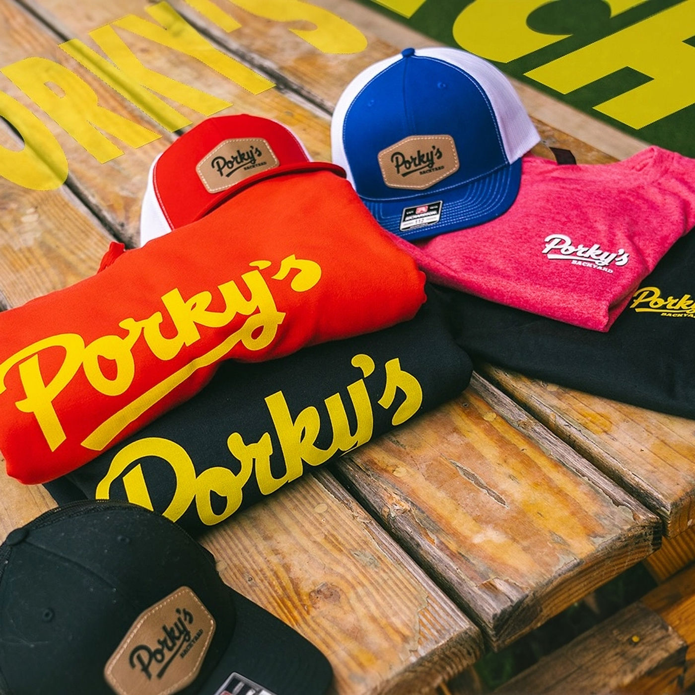 Porky’s Backyard hats, tees, and hoodies